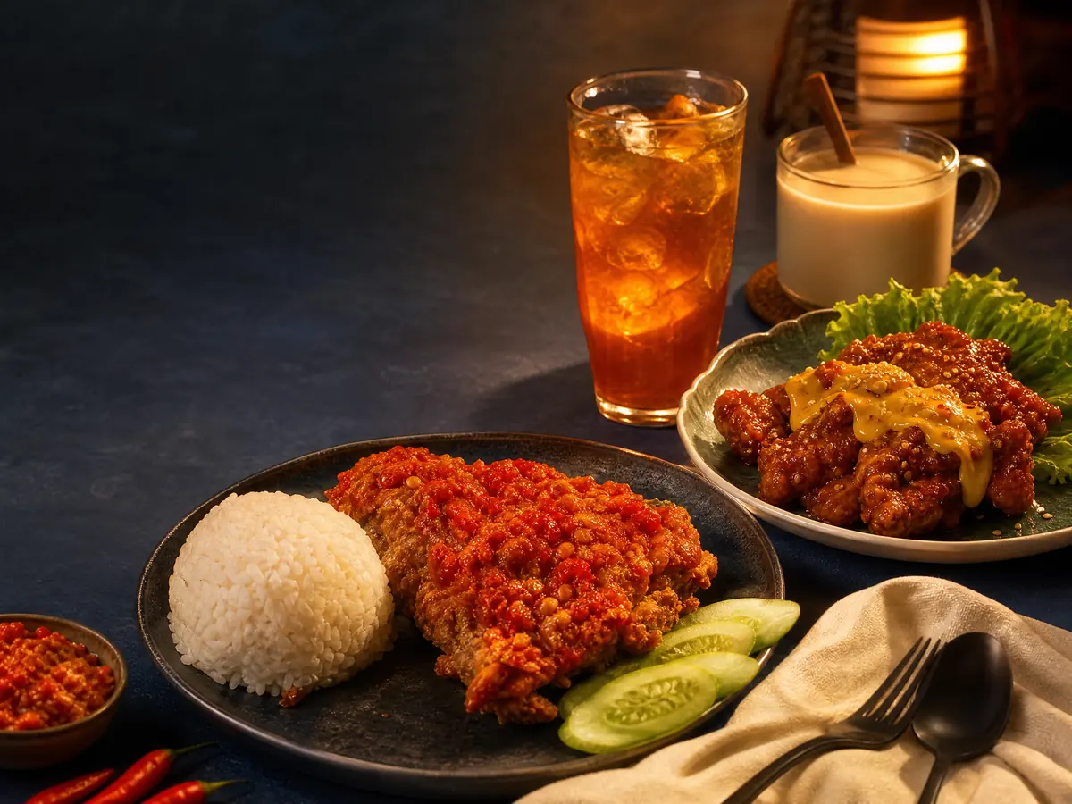 Pilihan ayam geprek, ayam richeese, minuman es teh, dan susu jahe