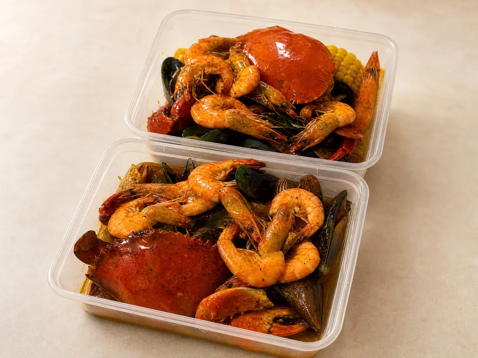 Paket seafood asli untuk dibawa pulang berisi udang, kepiting, kerang, dan jagung